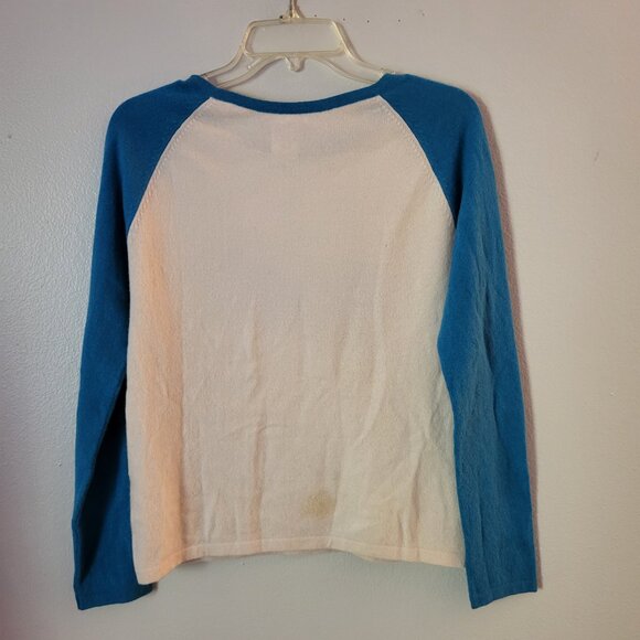 Knitwit 100% cashmere "ROCK' Sweater Creme w/Turquoise long sleeves Nepal Medium - Picture 6 of 10